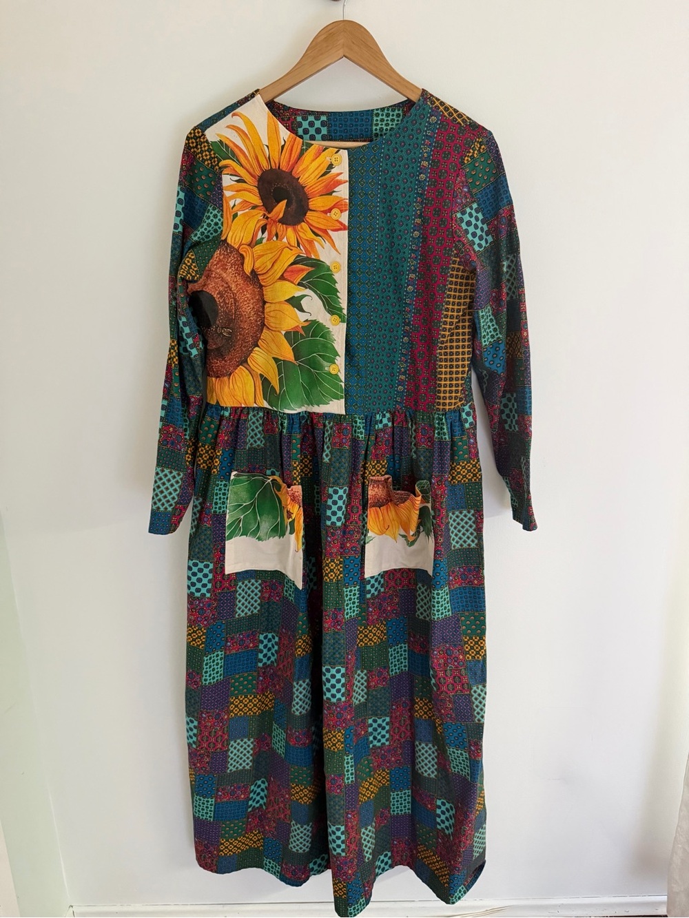 Vintage Patchwork Sunflower Maxi Dress M Art Teacher Cottagecore Boho